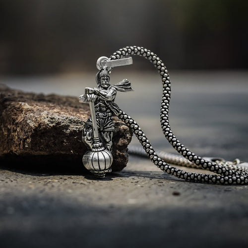 Hanuman With Gada Locket With Silver Plated Chain