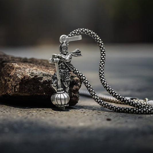 Hanuman With Gada Locket With Silver Plated Chain